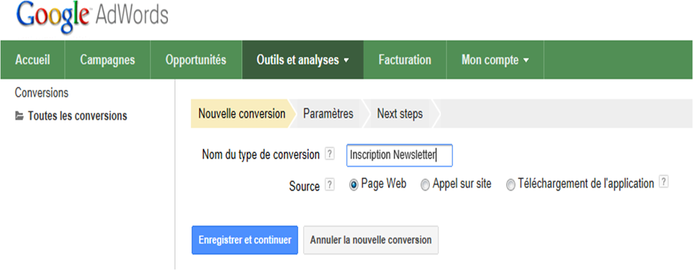 nom de la conversion Adwords